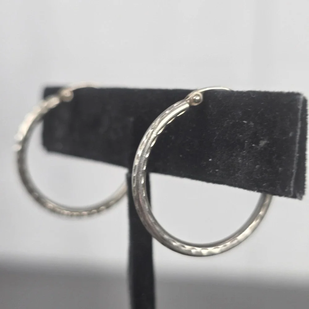 Sterling Silver Diamond Cut Textured Hoop Earrings Latch Back 925